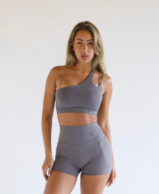 Panayiota Side Shoulder Smooth Crop Top - Dark Grey