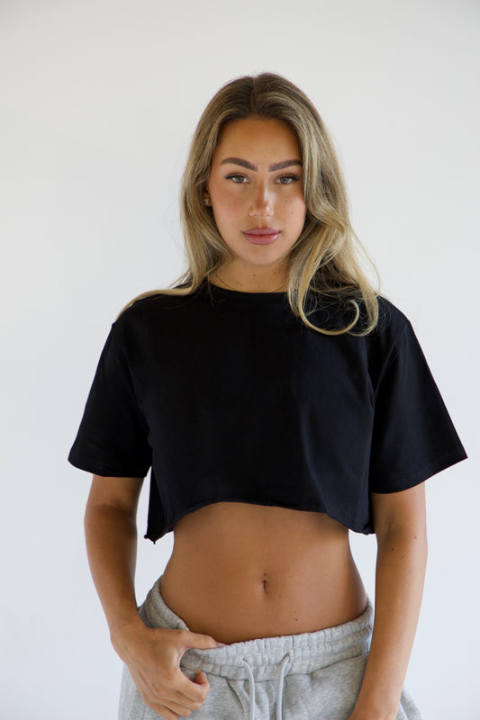 Alessia Oversized Cropped Tee - Black